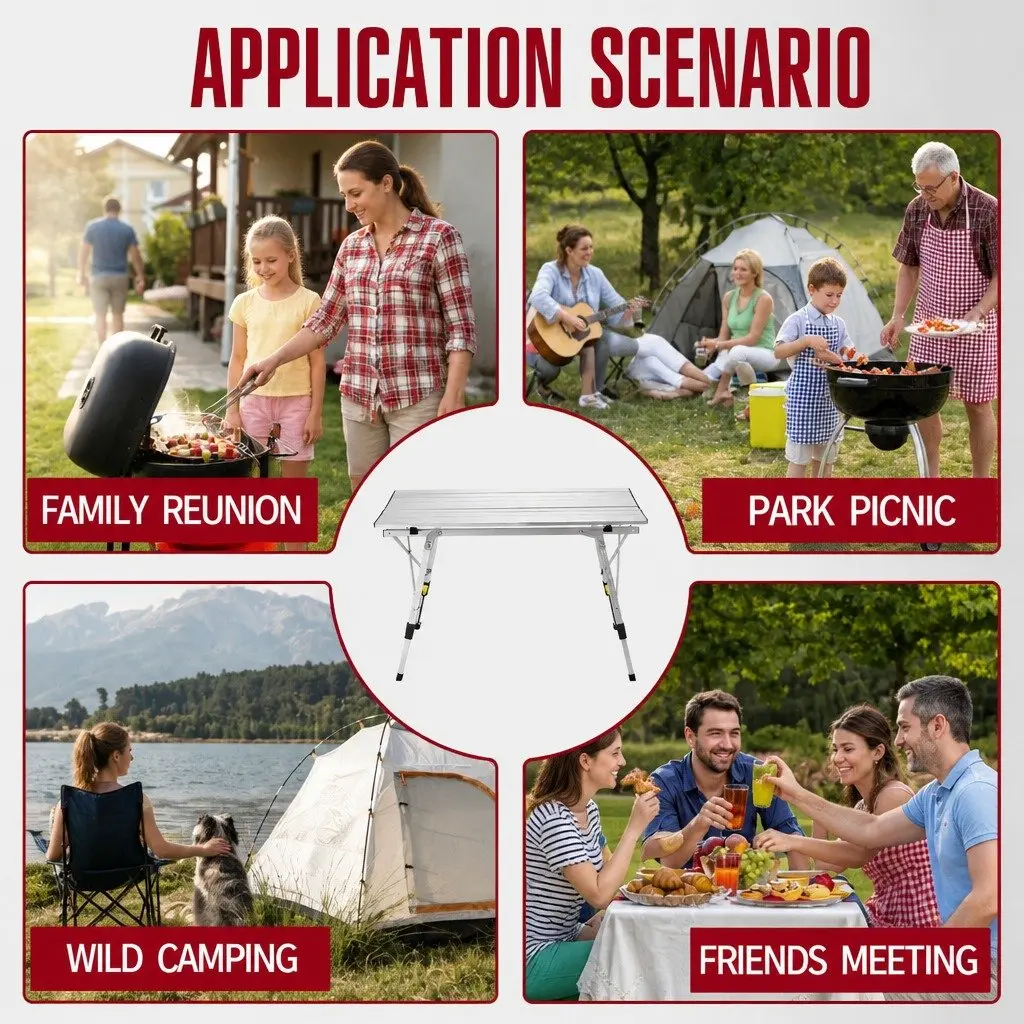 Folding Camping Table White Adjustable Height Portable Outdoor Picnic Furniture