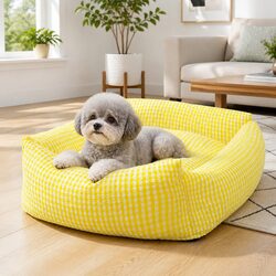 Pet Bed Square Basket Removable Washable Cushion for Dogs Cats Yellow Check