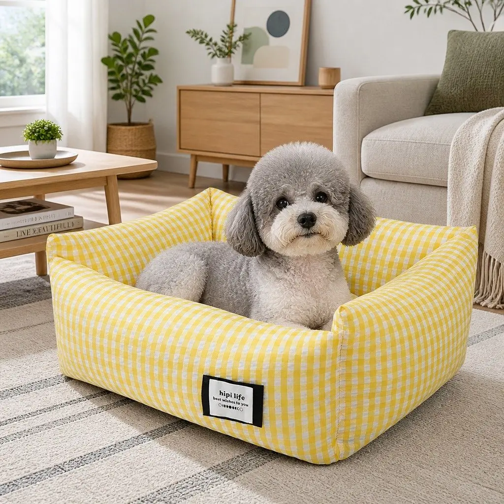 Pet Bed Yellow Square Removable Washable Cushion for Dogs Cats