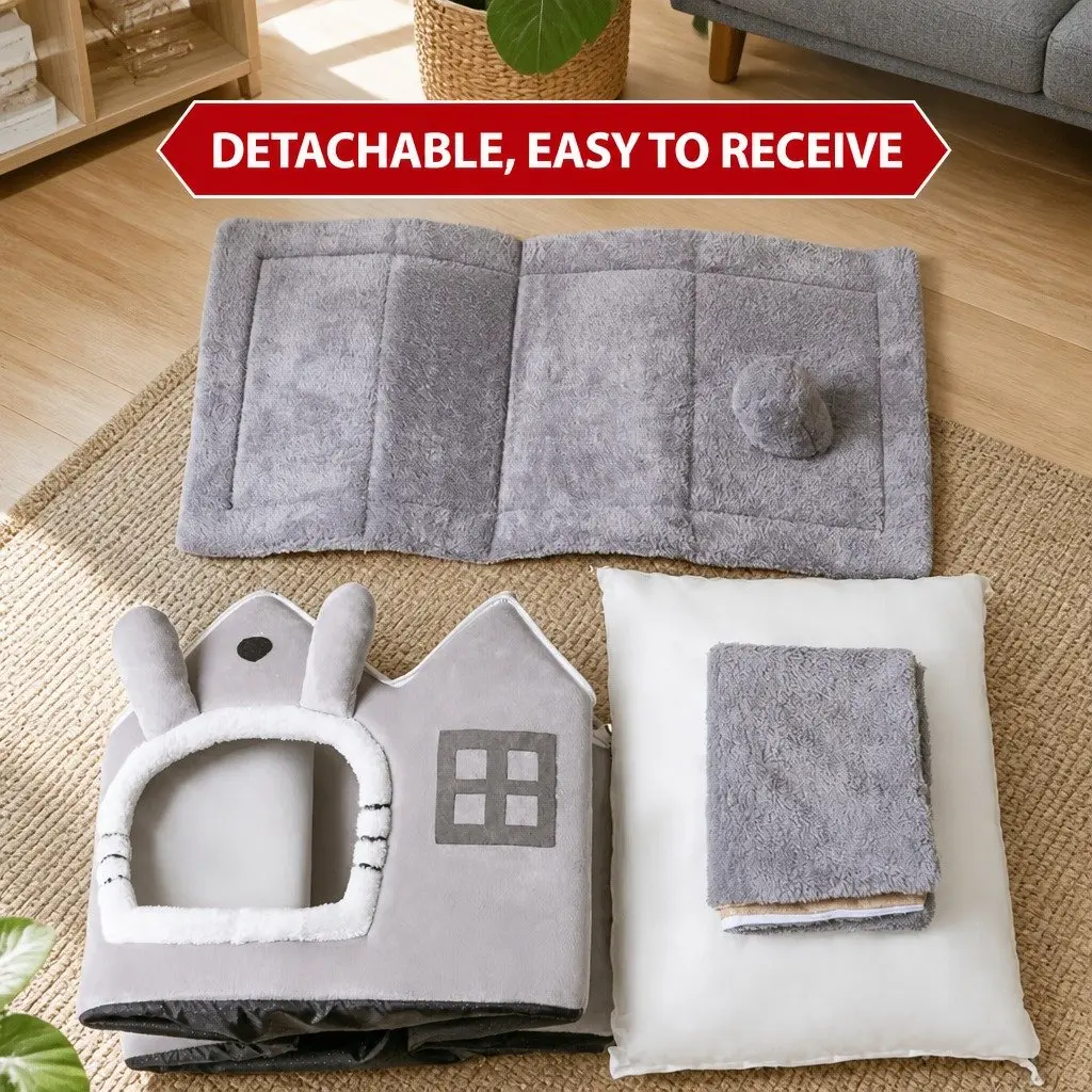 Pet Bed Grey Small Removable Washable Double Roof Soft Warm Shelter Indoor
