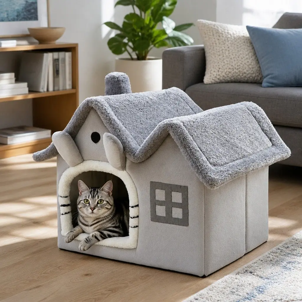 Pet Bed Grey Small Removable Washable Double Roof Soft Warm Shelter Indoor