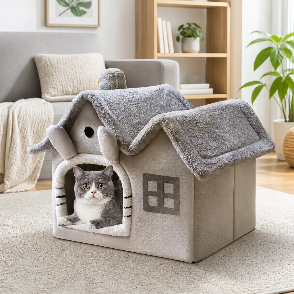 Pet Bed Grey Small Removable Washable Double Roof Soft Warm Shelter Indoor