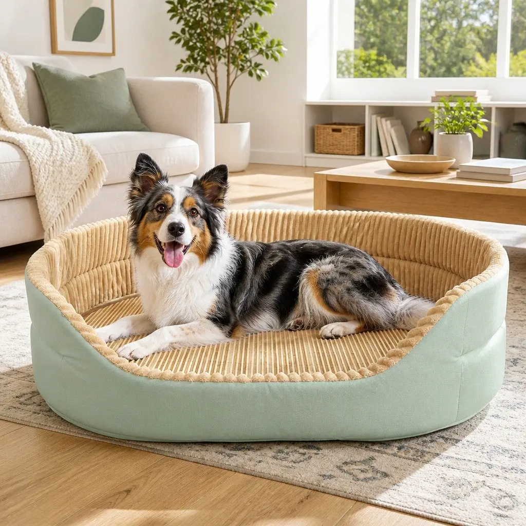 Large Pet Bed Green 80x65x23cm Calming Cushion Plush Soft Warm Mattress Comfy Sleep Mat