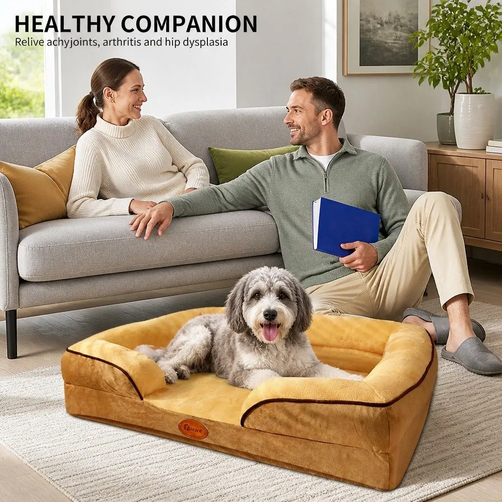 Dog Sofa Bed Yellow Large Thickened Padding Deep Sleep Three-Sided Support