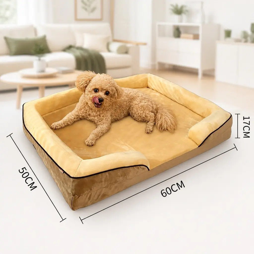 Dog Sofa Bed Yellow 60x50x17cm Three-Sided Cushioned Detachable Washable Cover