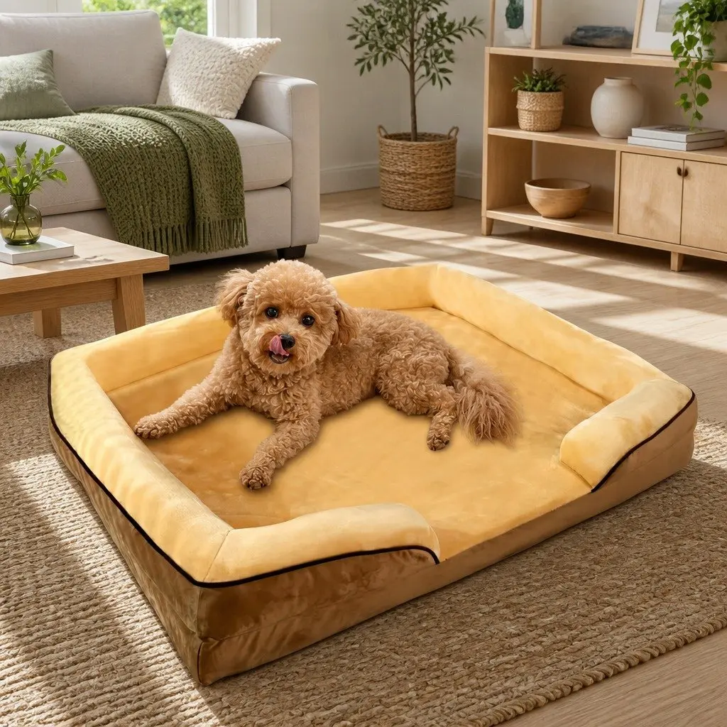 Dog Sofa Bed Yellow 60x50x17cm Three-Sided Cushioned Detachable Washable Cover