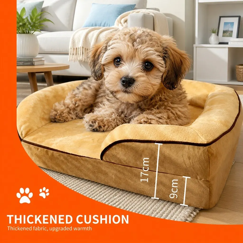 Dog Sofa Bed Yellow 60x50x17cm Three-Sided Cushioned Detachable Washable Cover