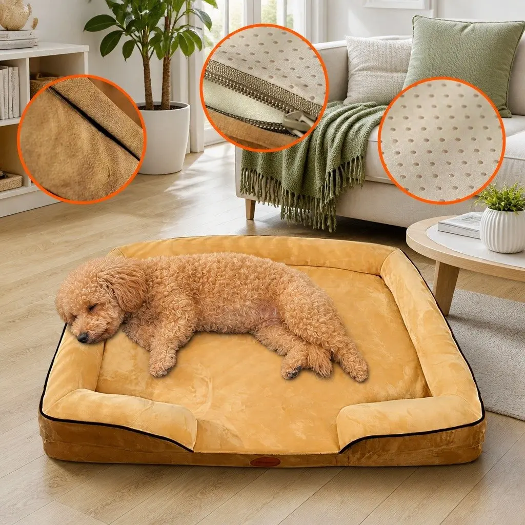 Dog Sofa Bed Yellow 60x50x17cm Three-Sided Cushioned Detachable Washable Cover