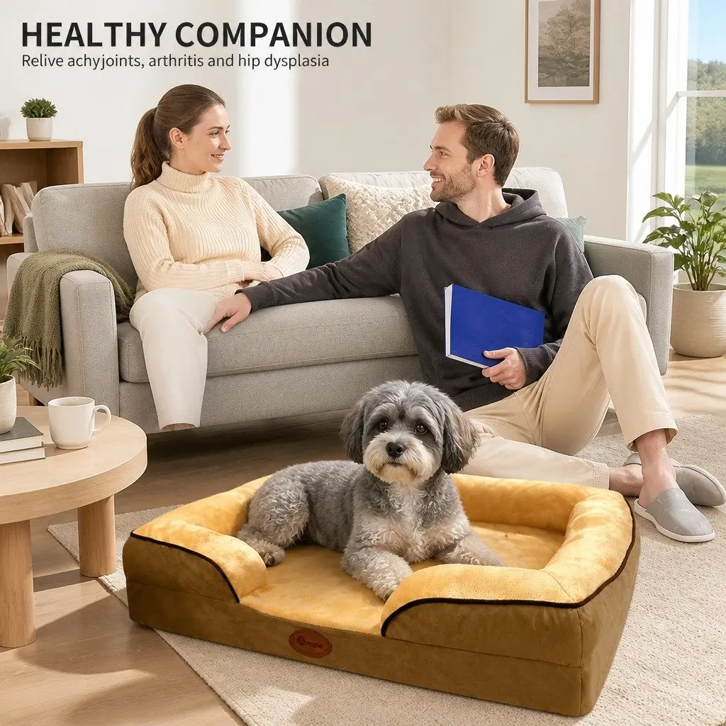 Dog Sofa Bed Yellow 60x50x17cm Three-Sided Cushioned Detachable Washable Cover