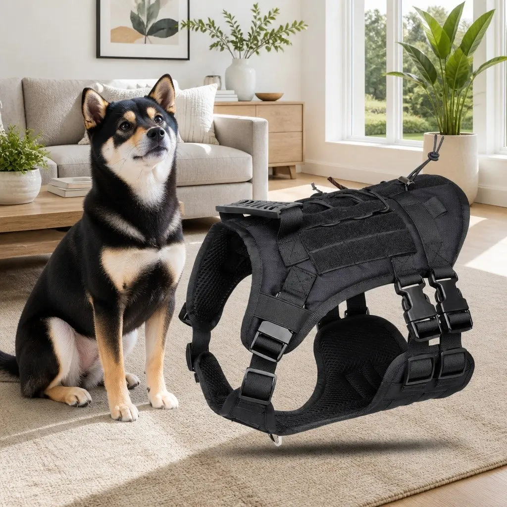 Dog Traction Vest Chest Strap Back Harness with Poop Bag Set Black