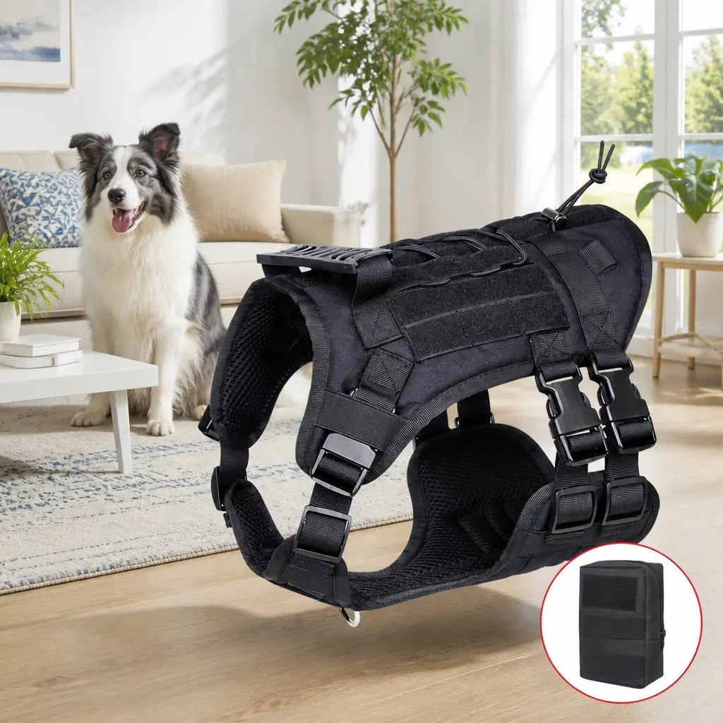 Dog Traction Vest Chest Strap Back Harness with Poop Bag Set Black