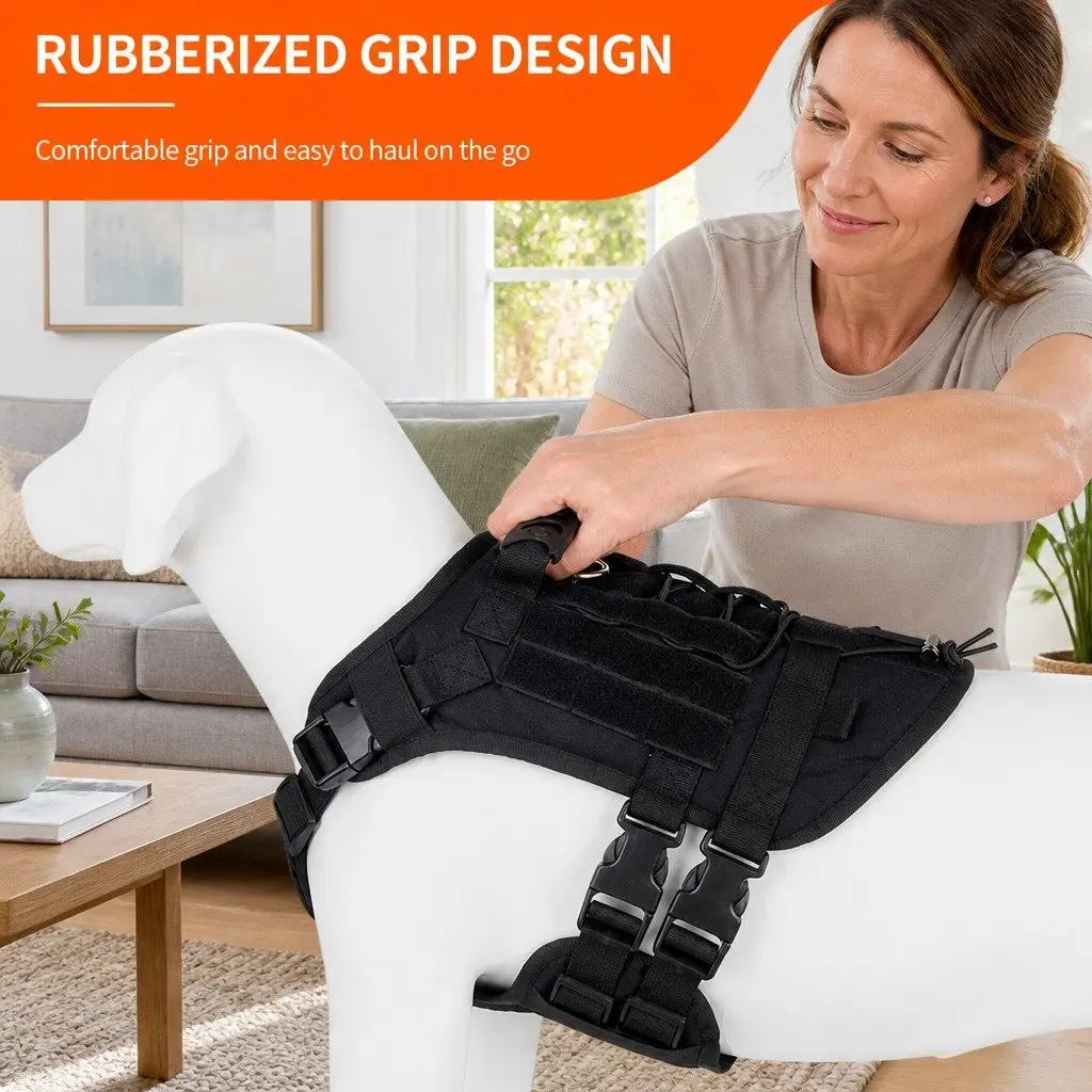Dog Traction Vest Chest Strap Back Harness with Poop Bag Set Black