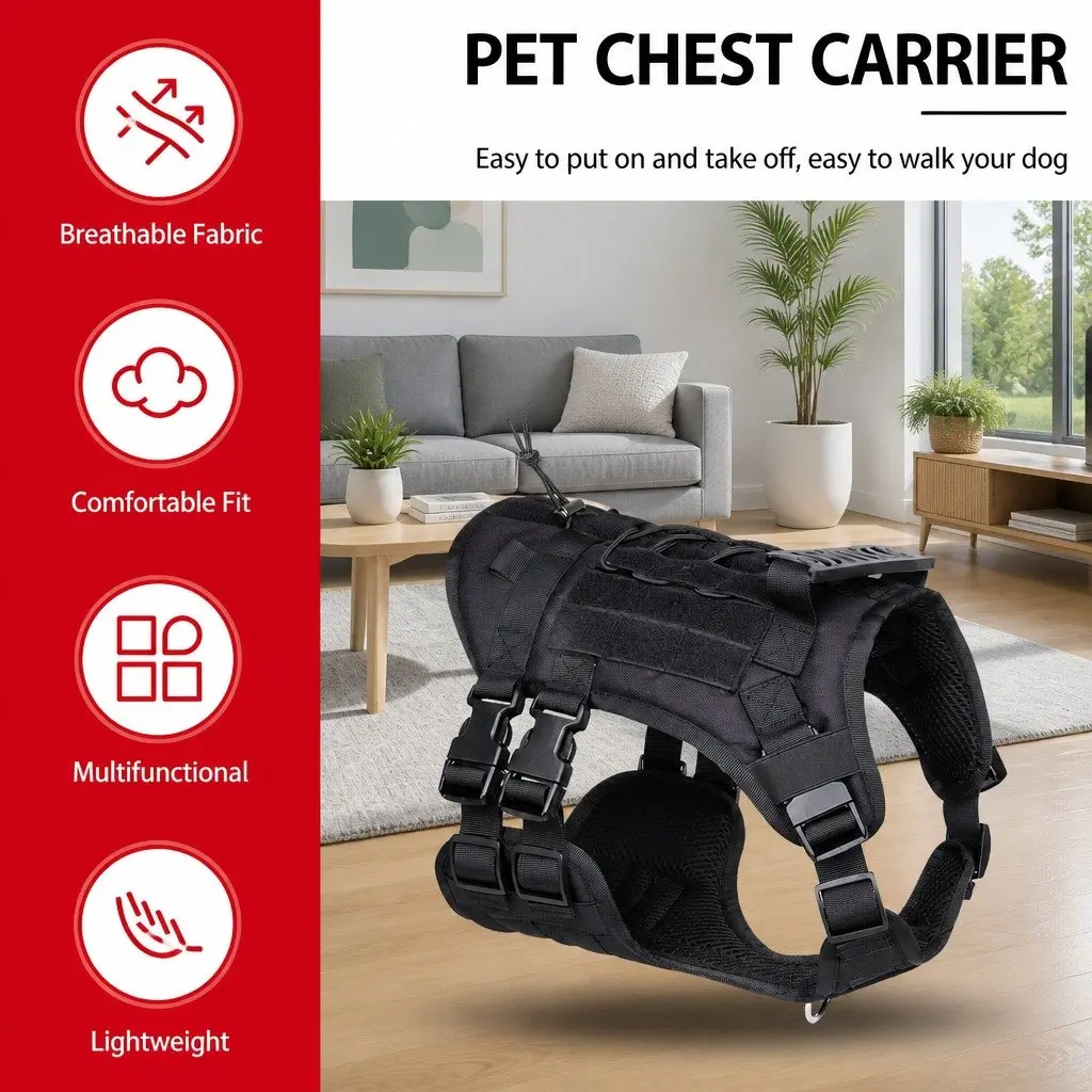 Dog Traction Vest Chest Strap Back Harness with Poop Bag Set Black