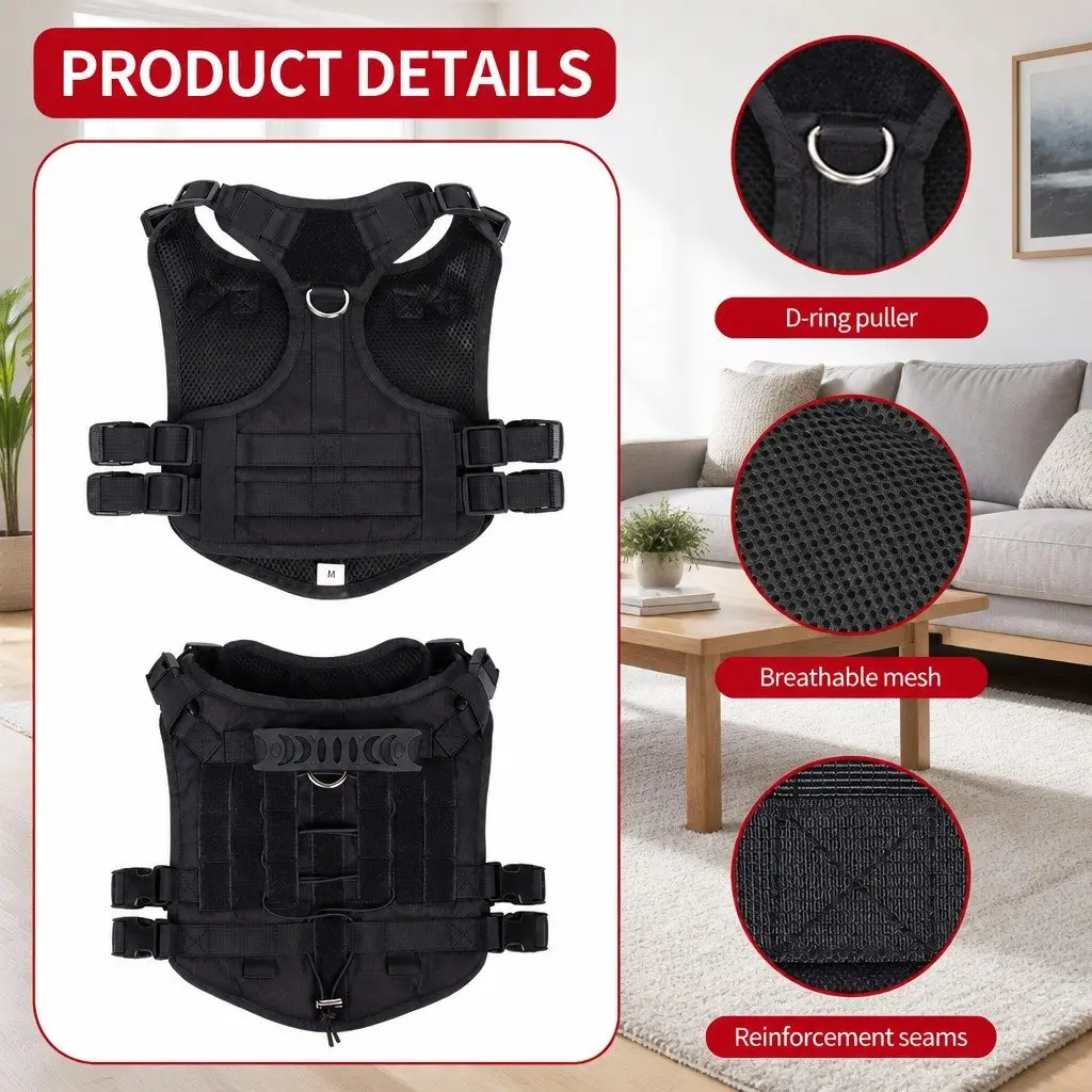 Dog Traction Vest Chest Strap Back Harness with Poop Bag Set Black