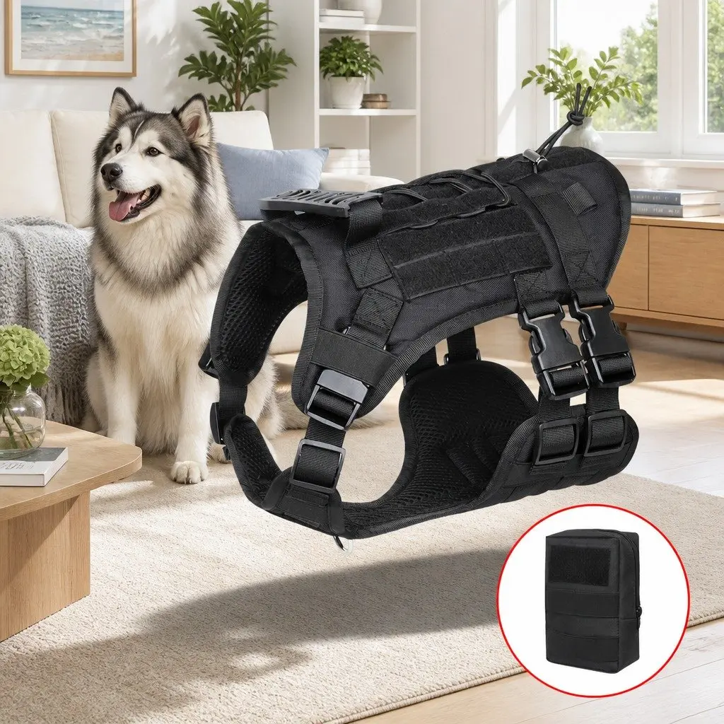 Dog Chest Strap Back Vest Style Harness Black with Poop Bag Dispenser Set