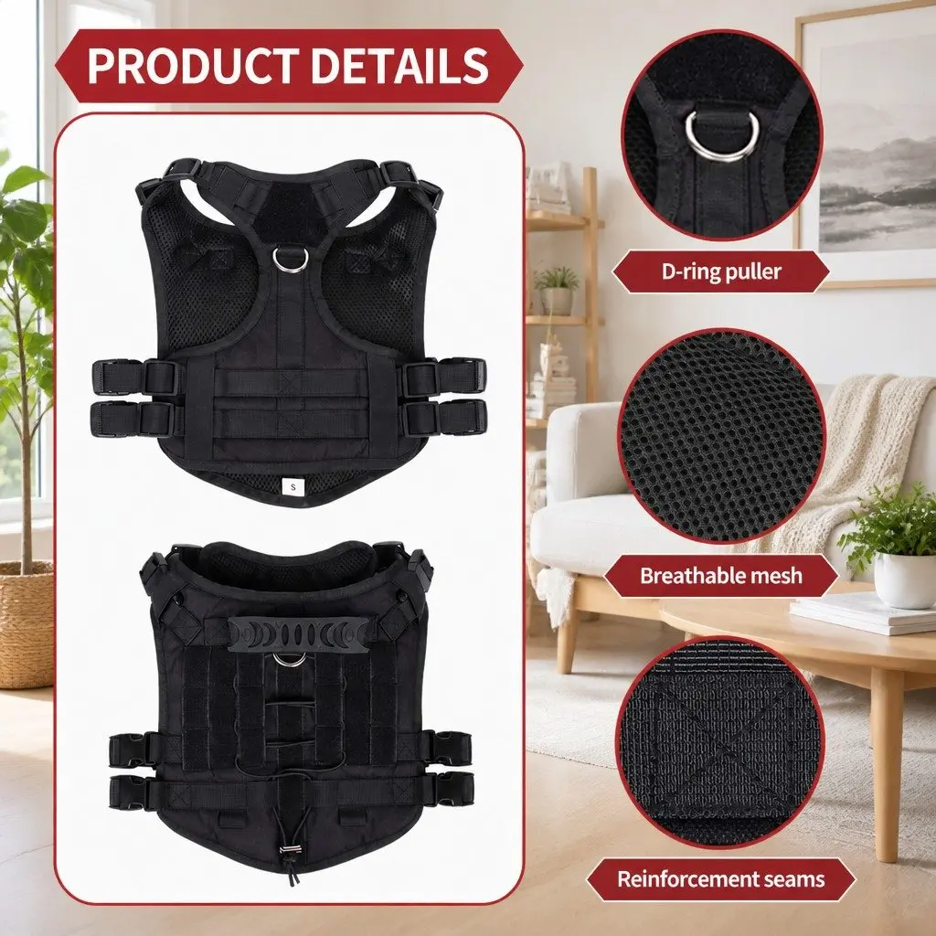 Dog Chest Strap Back Vest Style Harness Black with Poop Bag Dispenser Set