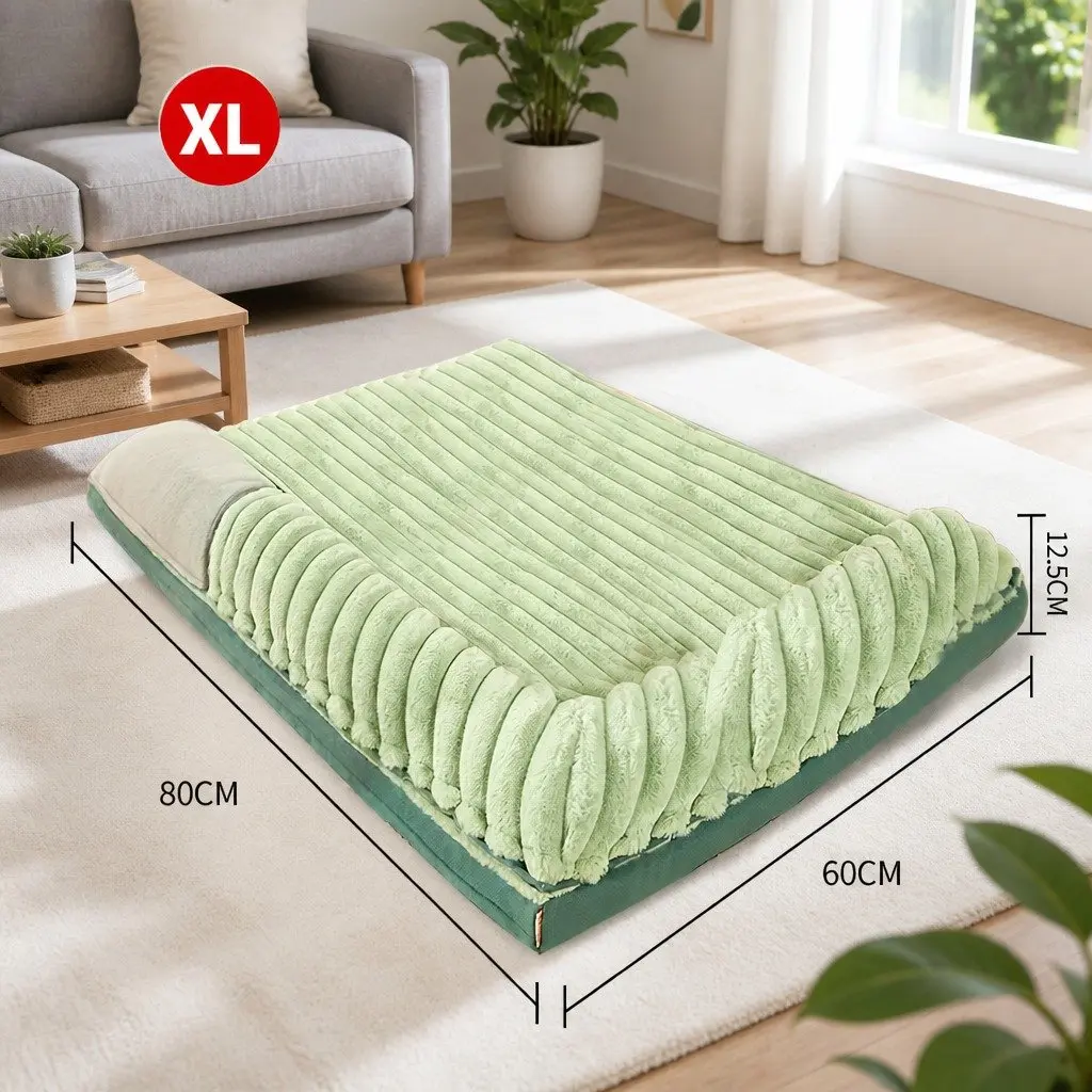 Dog Bed Green 80x60cm Detachable Washable Dual-Sided Velvet Cushion Mat