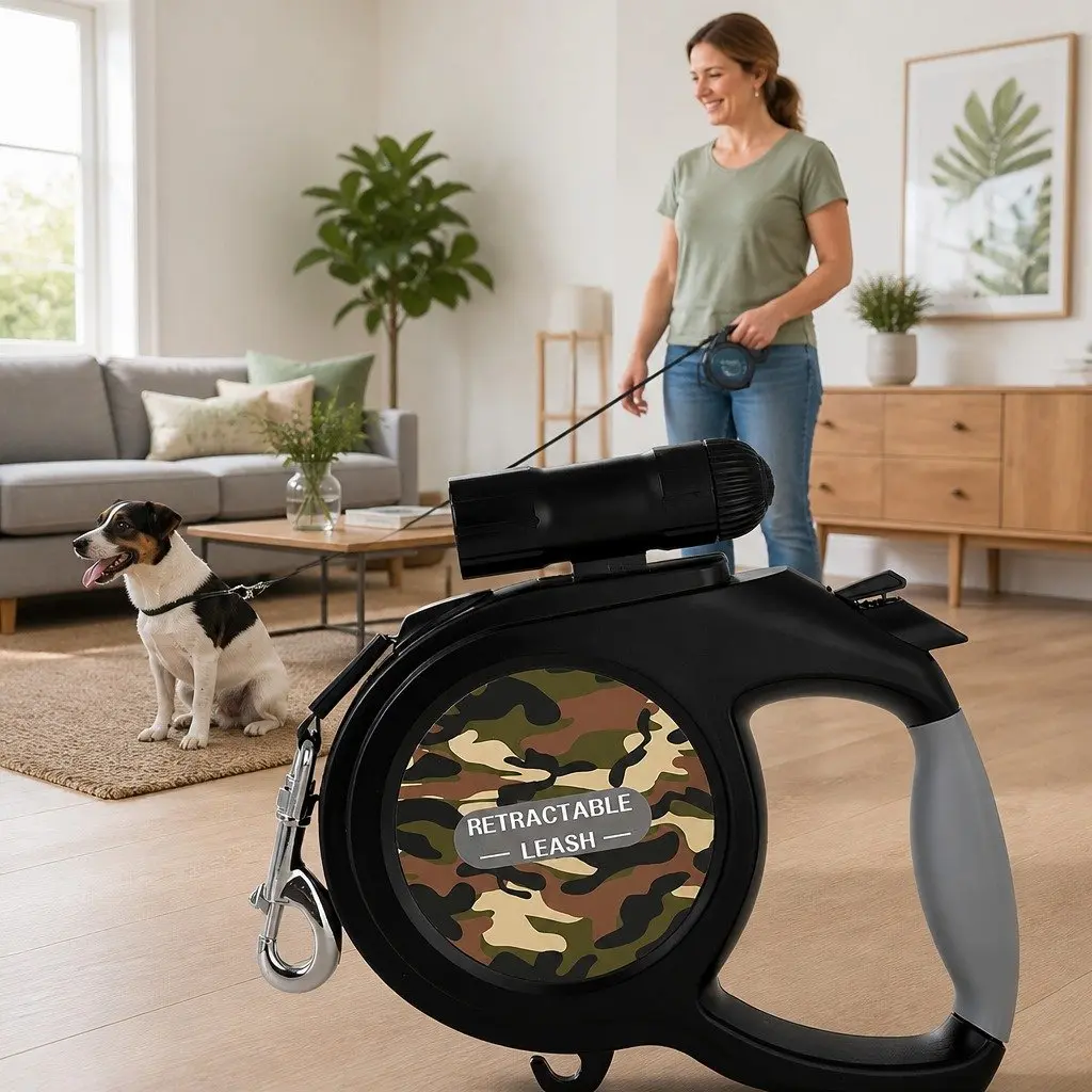 Pet Auto-Retractable Leash 8 Metres with Flashlight Green Camo Dog Walking Lead