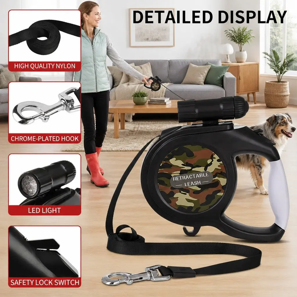 Pet Auto-Retractable Leash Green 8 Metres Integrated Flashlight