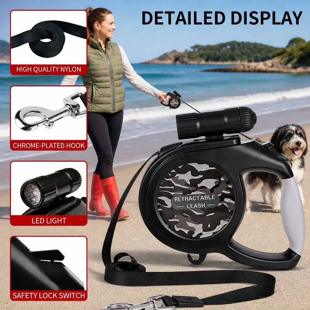 Pet Auto-Retractable Towing Rope Leash 8m with Built-in Flashlight Light Dog