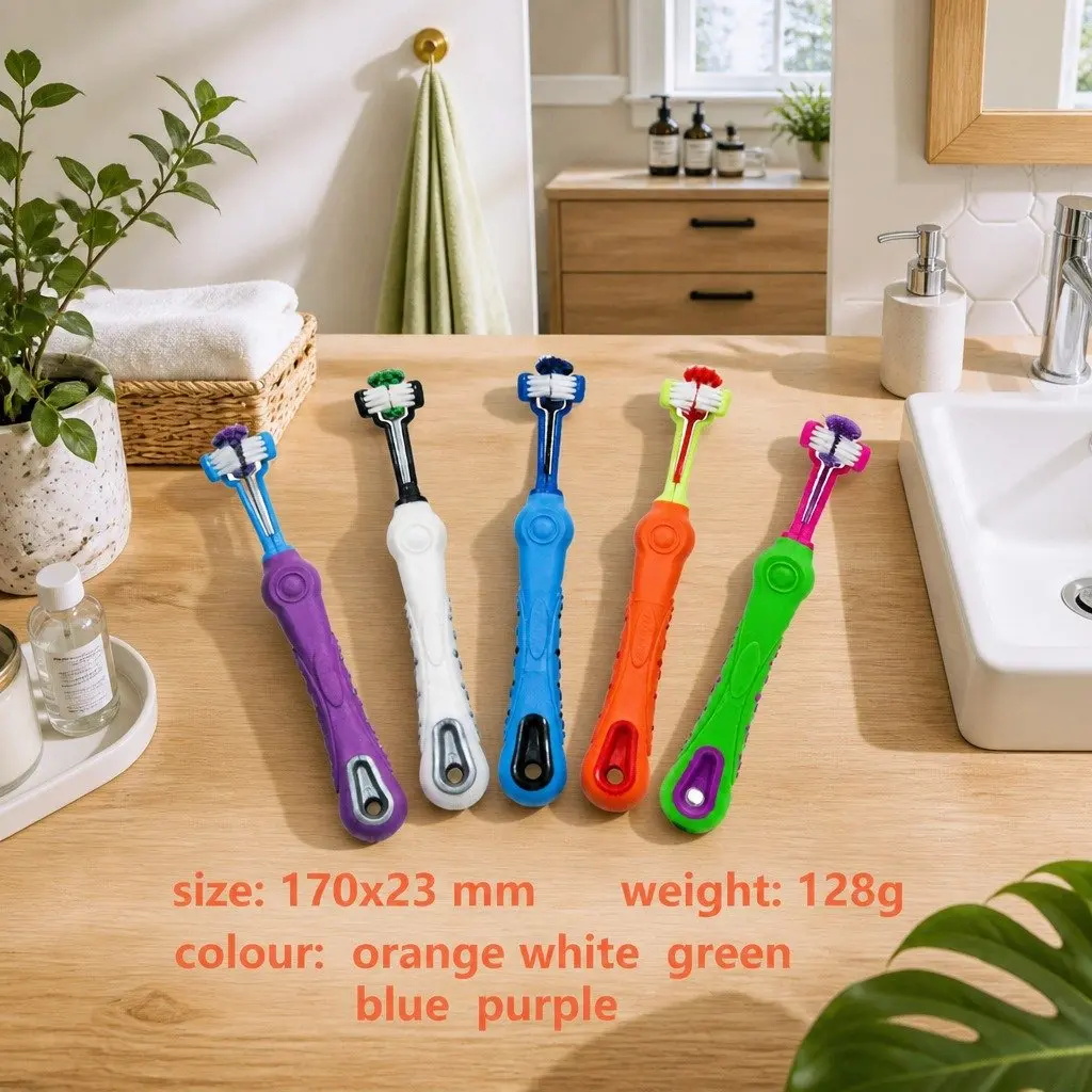 Three-Head Pet Toothbrush Green 17cm Multi-Angle Oral Cleaning Tool