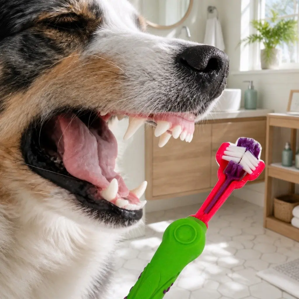 Three-Head Pet Toothbrush Green 17cm Multi-Angle Oral Cleaning Tool