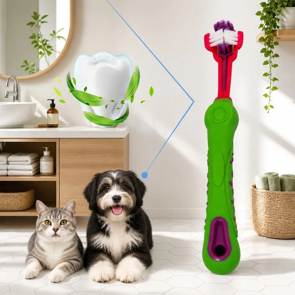 Three-Head Pet Toothbrush Green 17cm Multi-Angle Oral Cleaning Tool
