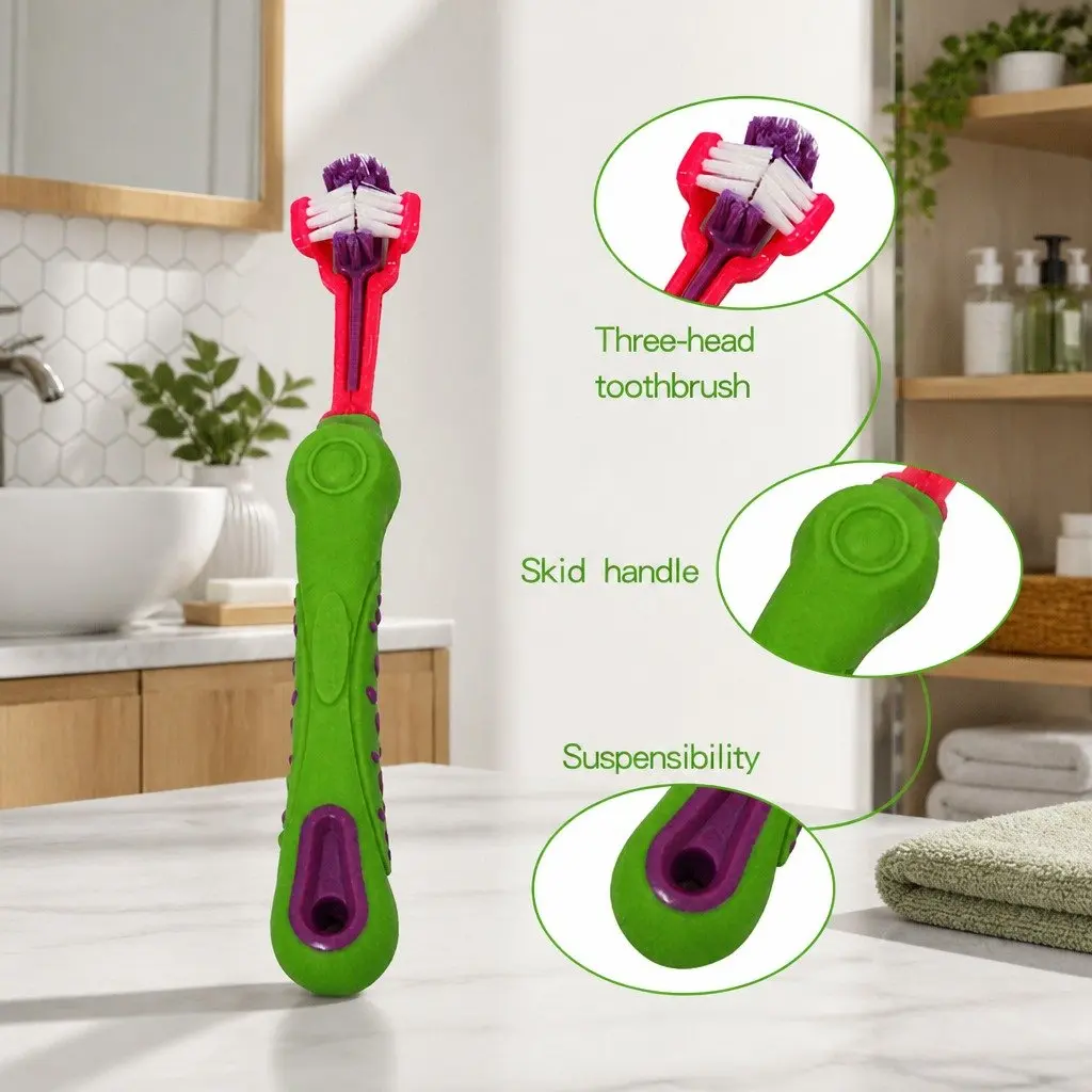 Three-Head Pet Toothbrush Green 17cm Multi-Angle Oral Cleaning Tool
