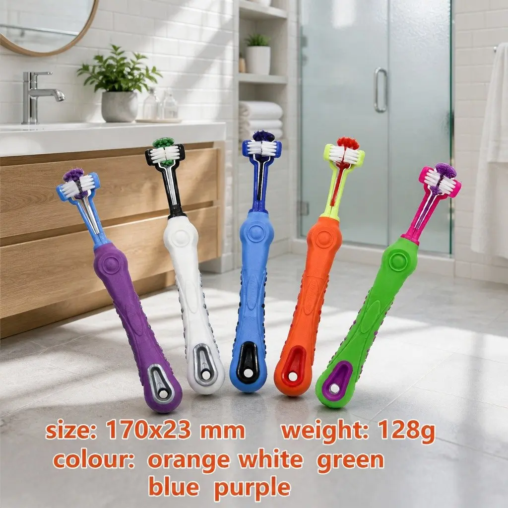 Three-Head Pet Toothbrush Orange Multi-Angle Oral Cleaning Tool