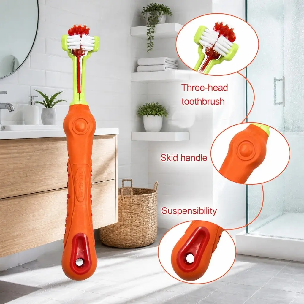 Three-Head Pet Toothbrush Orange Multi-Angle Oral Cleaning Tool