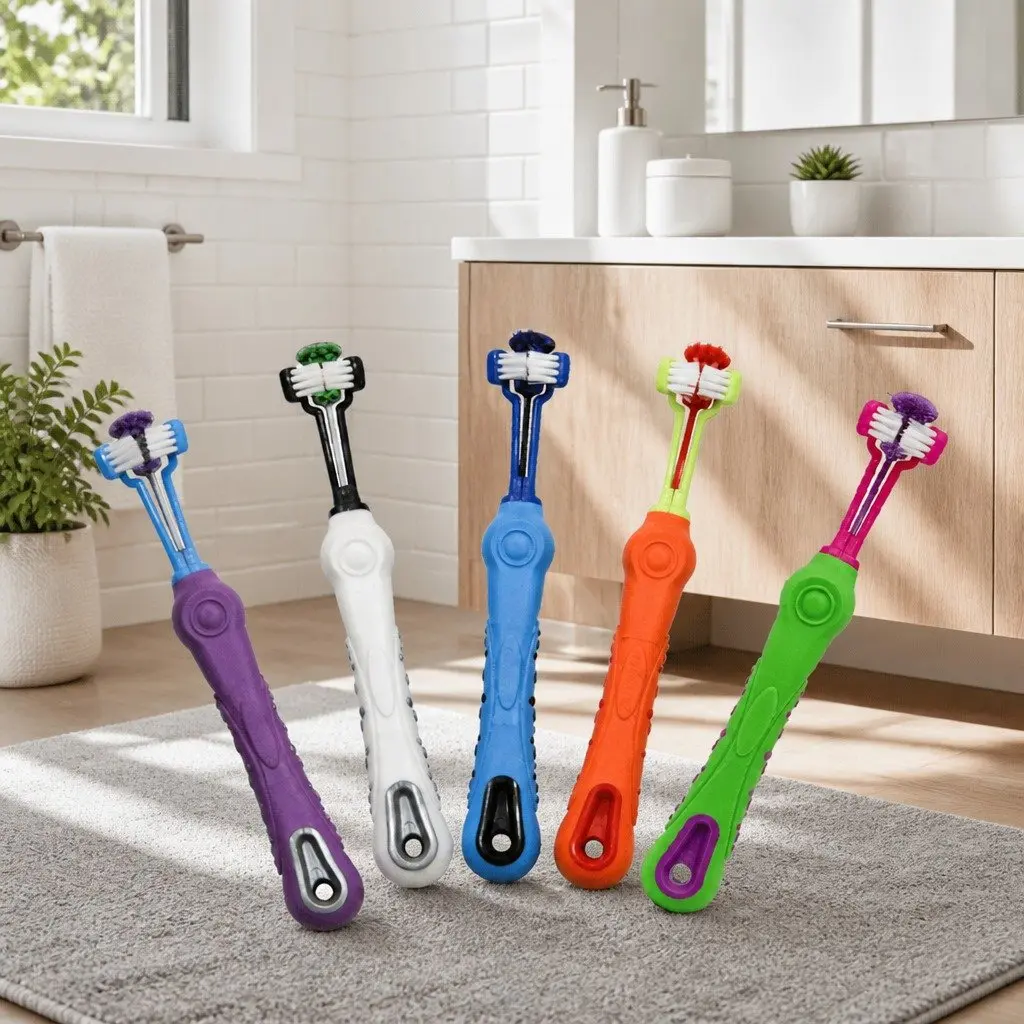 Three-Head Pet Toothbrush Purple 17cm Multi-Angle Teeth Cleaning Tool