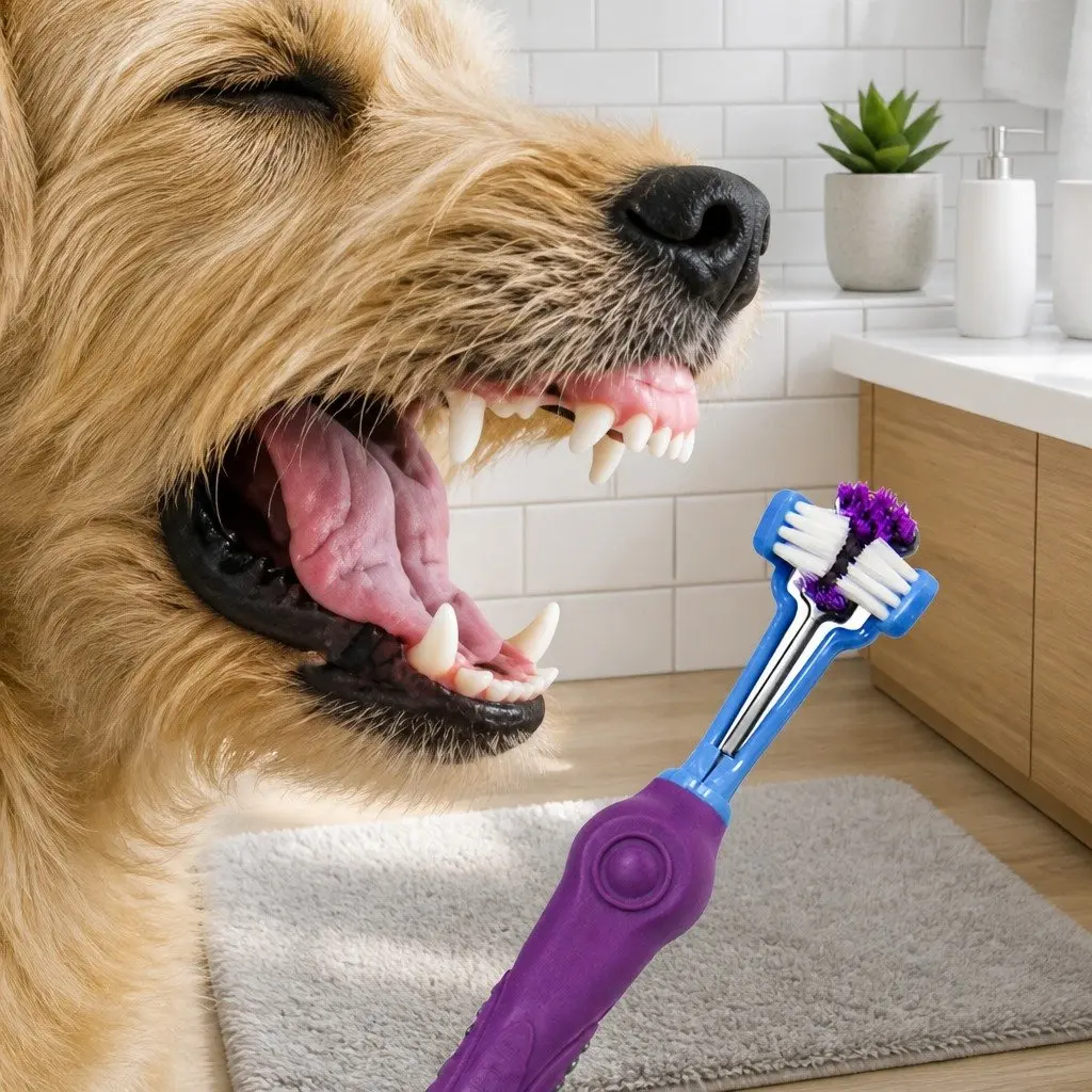 Three-Head Pet Toothbrush Purple 17cm Multi-Angle Teeth Cleaning Tool