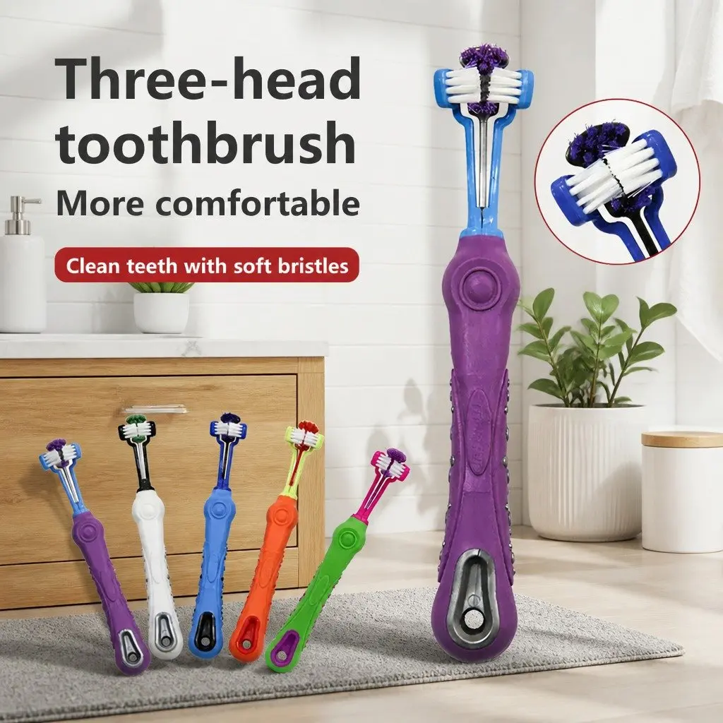Three-Head Pet Toothbrush Purple 17cm Multi-Angle Teeth Cleaning Tool