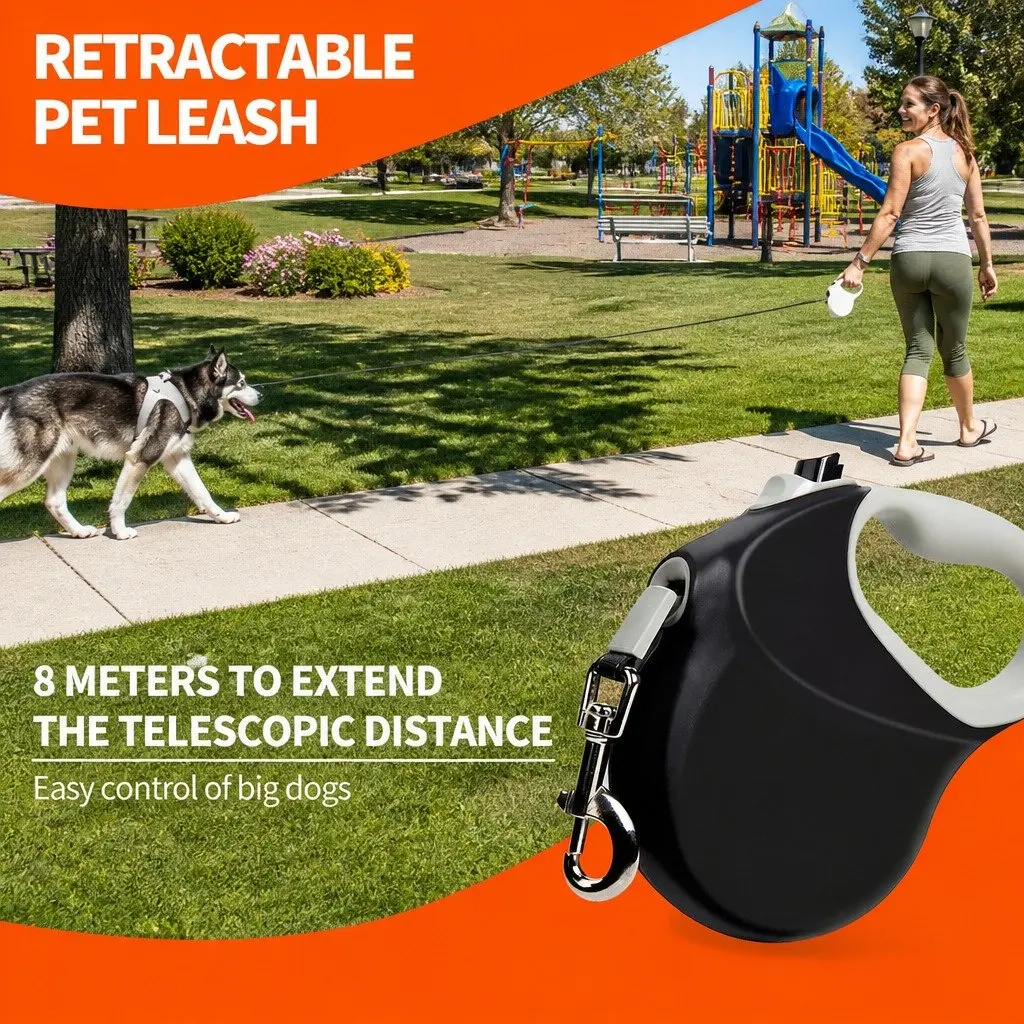 Heavy Duty Dog Traction Belt Black 8M Automatic Expansion Lead Reflective