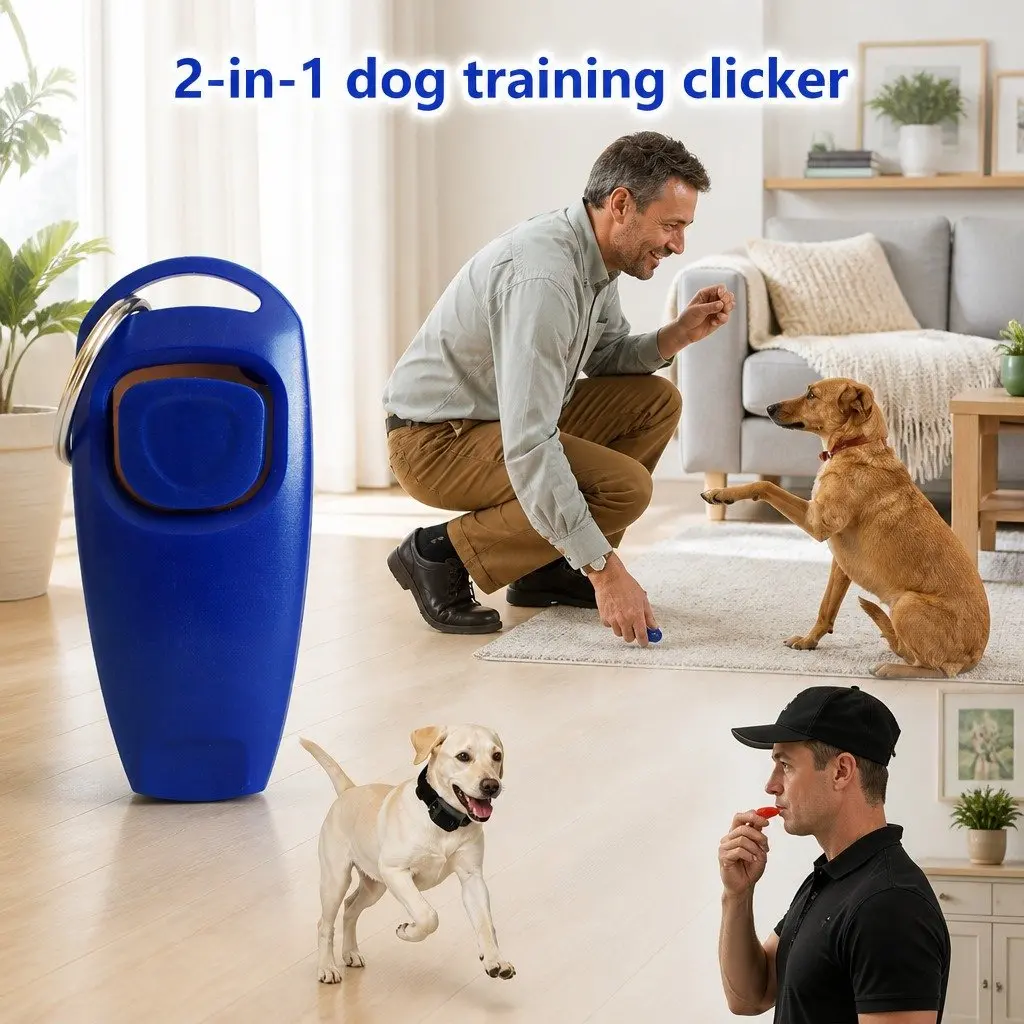 Dog Training Whistle Clicker Combo 2 in 1 Pet Obedience Stop Barking Tool Blue