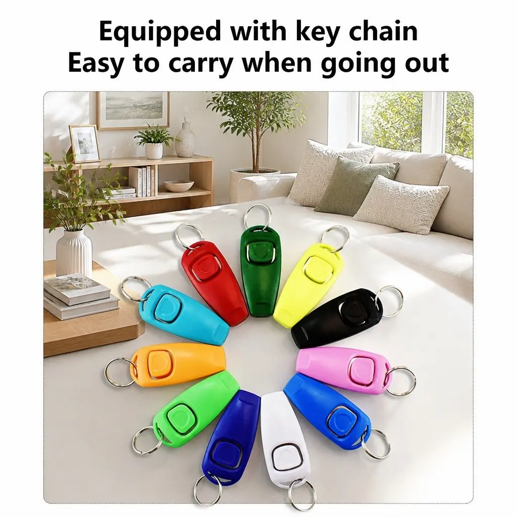 Dog Training Clicker Button Puppy Obedience Recall Whistle Keychain Tool