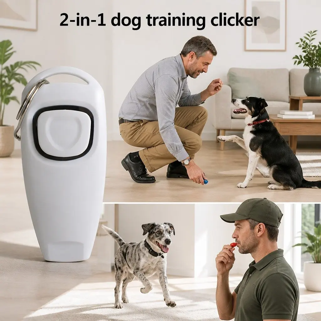 Pet Dog Clicker Whistle Training Combo Puppy Trainer Obedience Click Key Ring