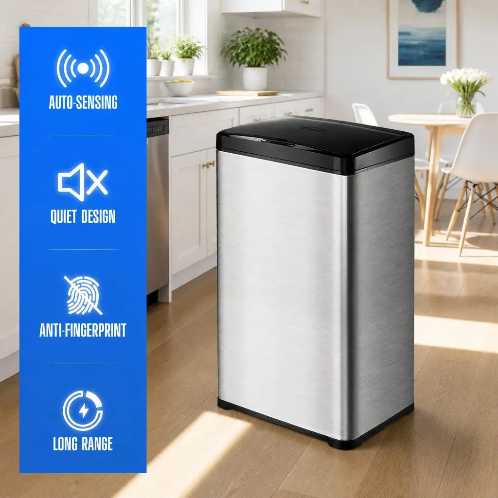 42L Stainless Steel Motion Sensor Waste Bin Black Silent Automatic Opening Kitchen Trash Can
