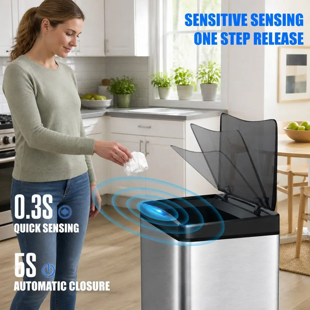 42L Stainless Steel Motion Sensor Waste Bin Black Silent Automatic Opening Kitchen Trash Can
