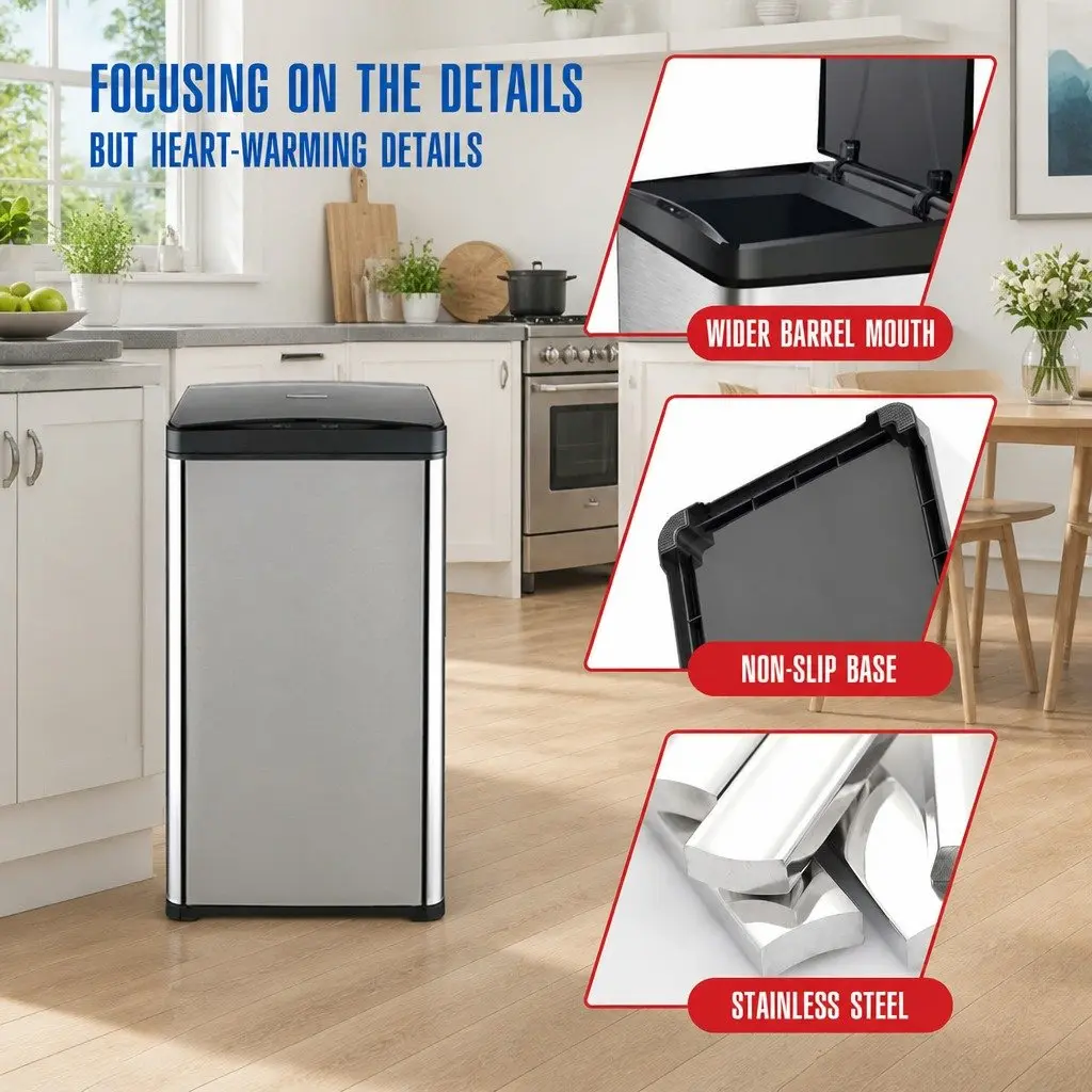 42L Stainless Steel Motion Sensor Waste Bin Black Silent Automatic Opening Kitchen Trash Can