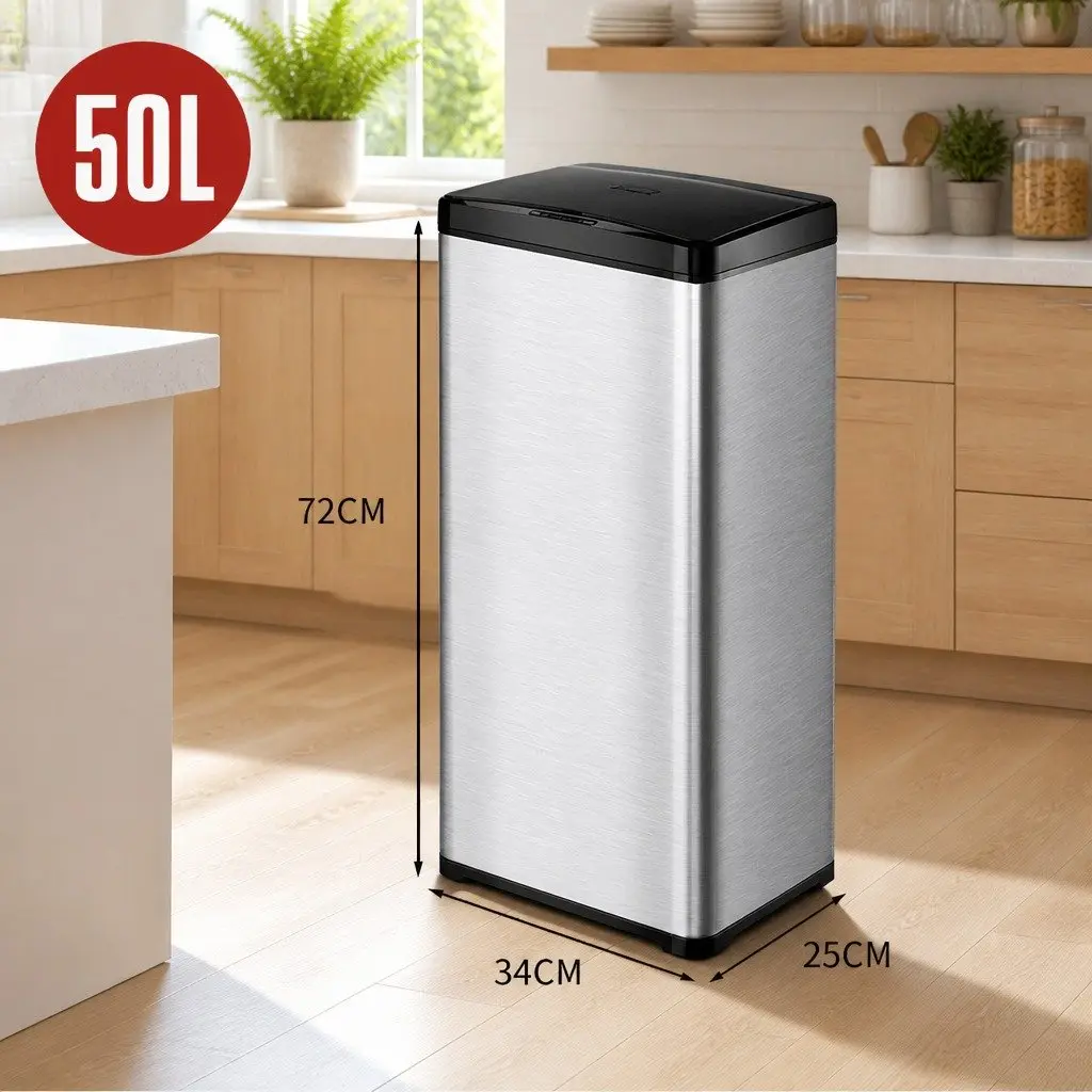 Automatic Motion Sensor Waste Bin Silver 50L Fingerprint Resistant Stainless Steel Kitchen Trash Can
