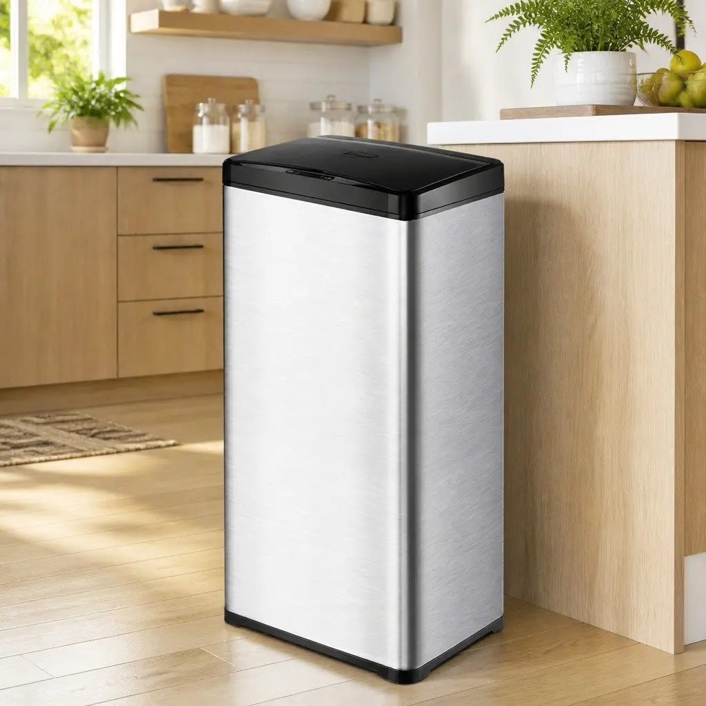 Automatic Motion Sensor Waste Bin Silver 50L Fingerprint Resistant Stainless Steel Kitchen Trash Can