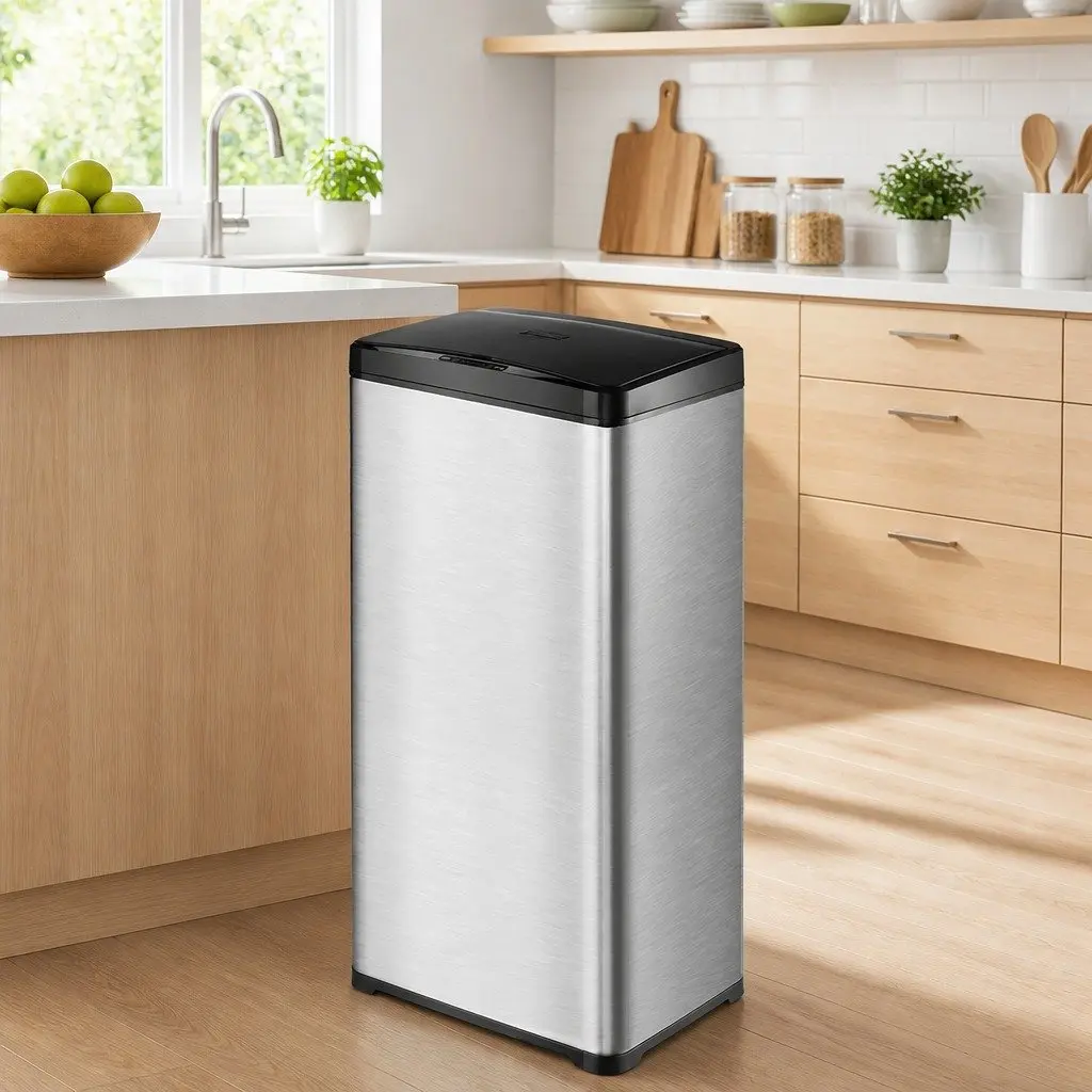 Automatic Motion Sensor Waste Bin Silver 50L Fingerprint Resistant Stainless Steel Kitchen Trash Can