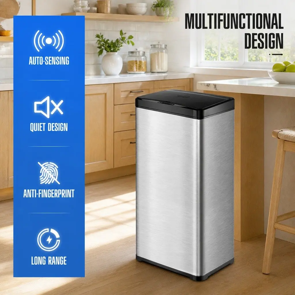 Automatic Motion Sensor Waste Bin Silver 50L Fingerprint Resistant Stainless Steel Kitchen Trash Can