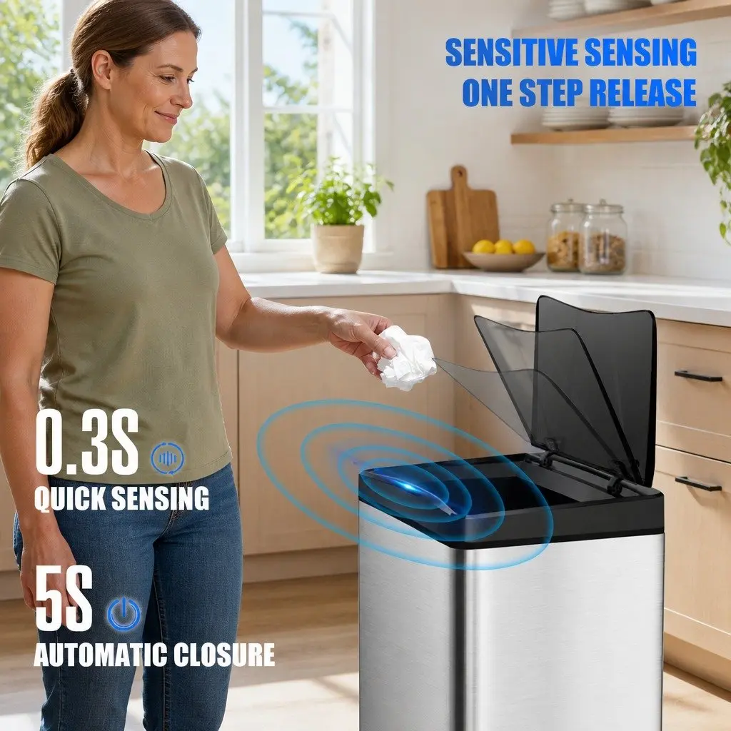 Automatic Motion Sensor Waste Bin Silver 50L Fingerprint Resistant Stainless Steel Kitchen Trash Can