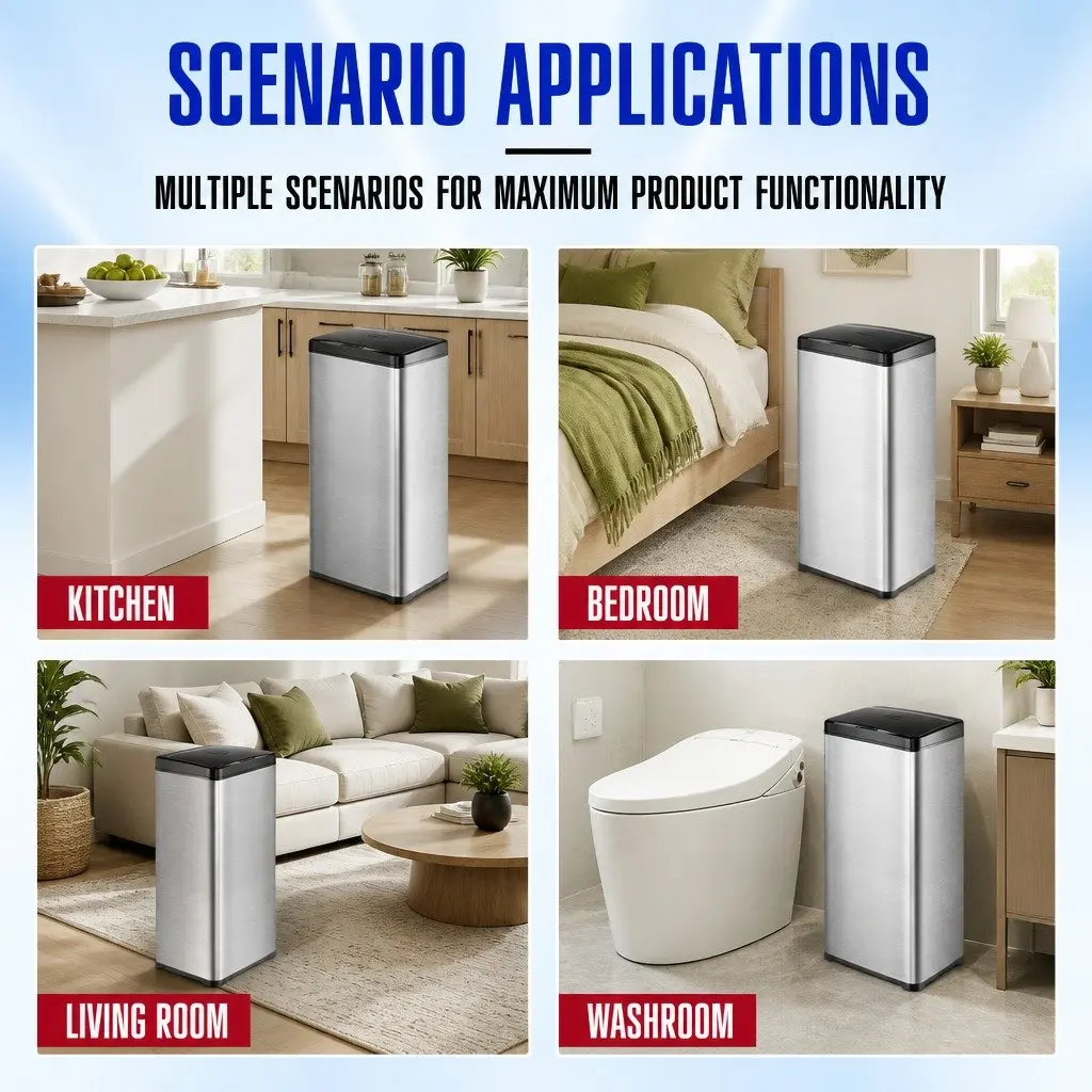 Automatic Motion Sensor Waste Bin Silver 50L Fingerprint Resistant Stainless Steel Kitchen Trash Can