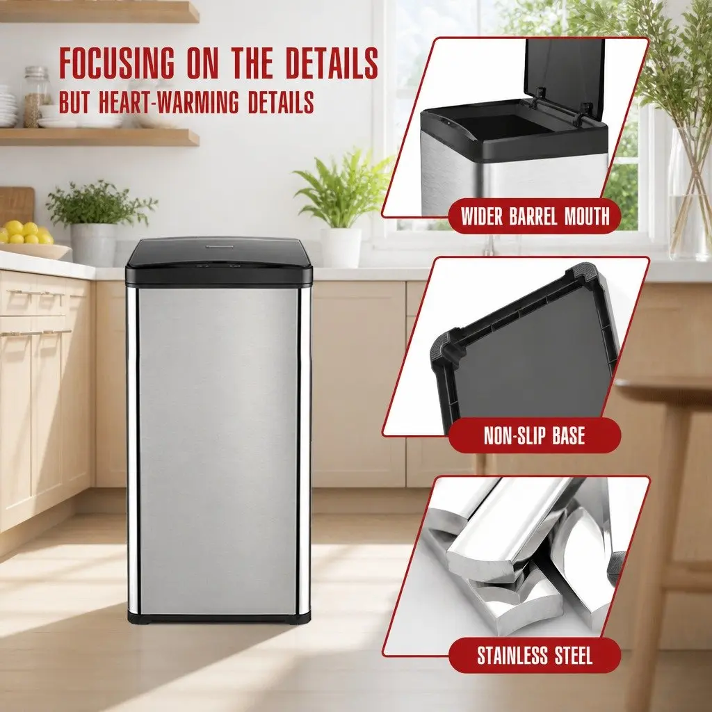Automatic Motion Sensor Waste Bin Silver 50L Fingerprint Resistant Stainless Steel Kitchen Trash Can