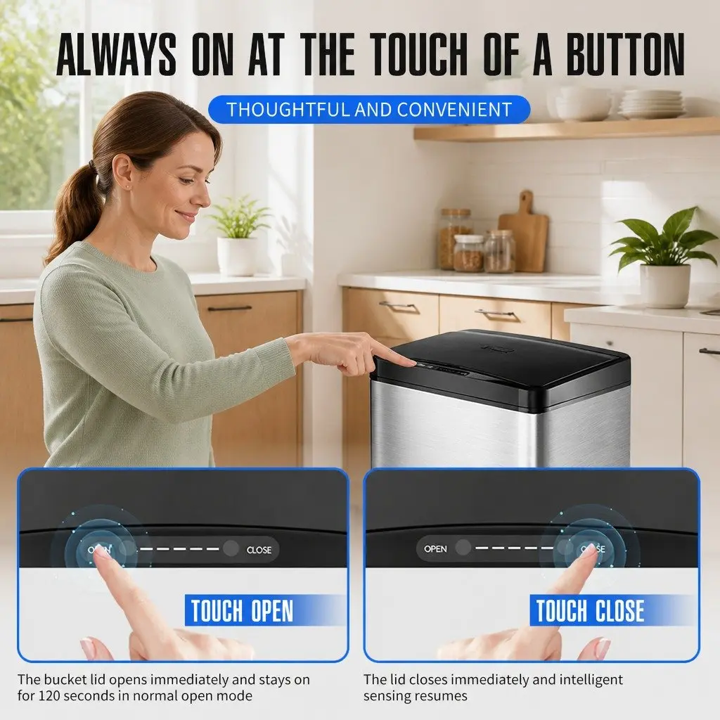 Automatic Motion Sensor Waste Bin Silver 50L Fingerprint Resistant Stainless Steel Kitchen Trash Can
