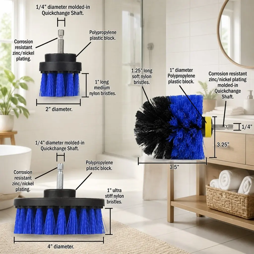 Electric Drill Cleaning Brush Head Set Blue 4 Inch Medium Stiffness Nylon Bristles