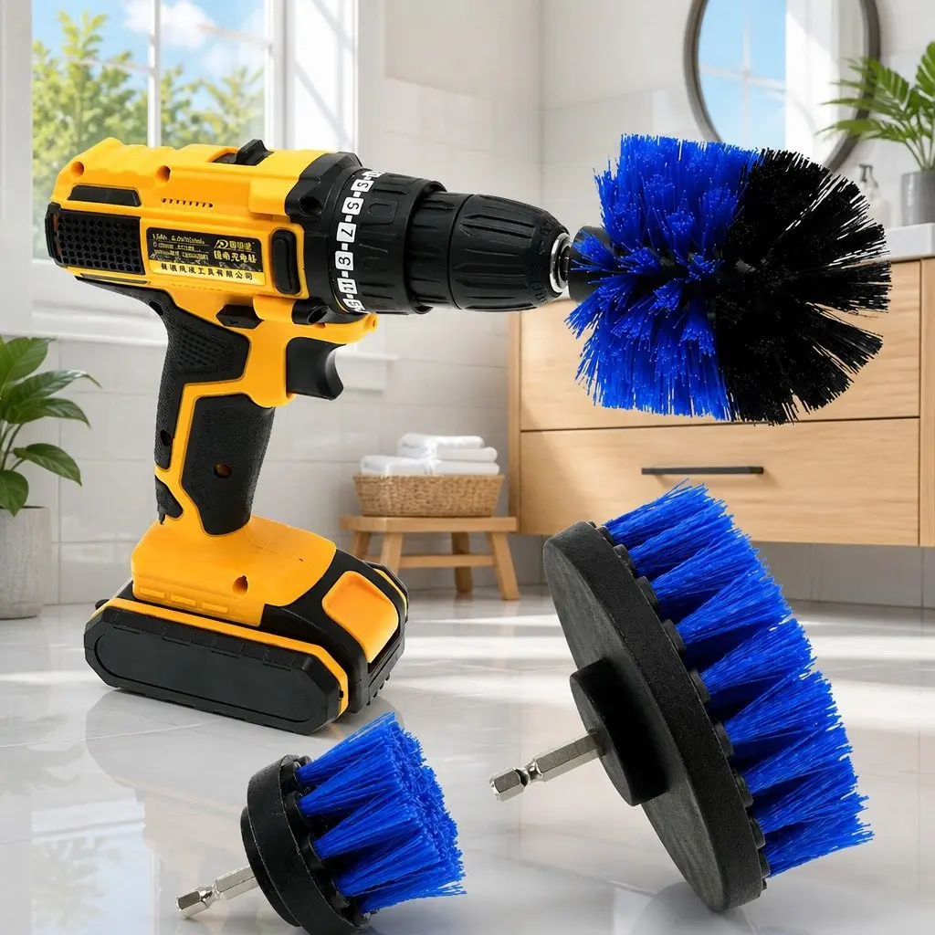 Electric Drill Cleaning Brush Head Set Blue 4 Inch Medium Stiffness Nylon Bristles
